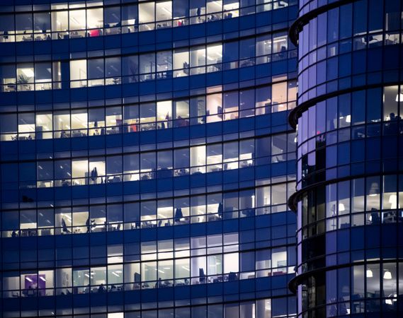 Lit commercial building at night